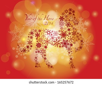 2014 Happy Chinese New Year of the Horse Text and Silhouette Outline with Snowflakes Pattern on Bokeh Background Vector Illustration