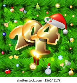 2014 Happy New Year card or background with  ribbons, bows, Santa`s hat, snowman, candles, snowflakes, tree, balls, stars.  Vector art.