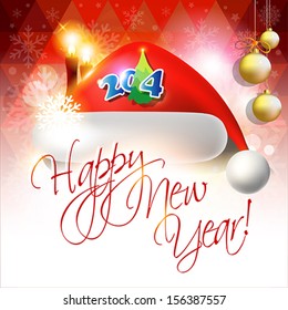 2014 Happy New Year card or background with  Santa`s hat, candles, balls and snowflakes.  Vector art.