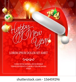 2014 Happy New Year card or background with  Santa`s hat, candles, balls and snowflakes.  Vector art.