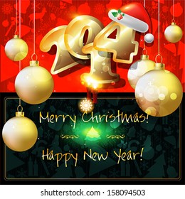 2014 Happy New Year card or background with Santa`s hat,   candles, snowflakes, tree, balls,  stars.