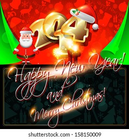 2014 Happy New Year card or background with ribbons,  Santa`s hat, candles, snowflakes,  tree, balls, stars.  Vector art.