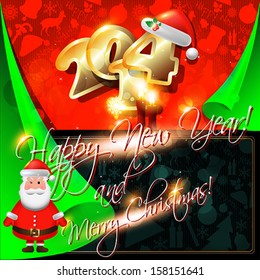 2014 Happy New Year card or background with ribbons,  Santa`s hat, candles, snowflakes,  tree, balls, stars.  Vector art.