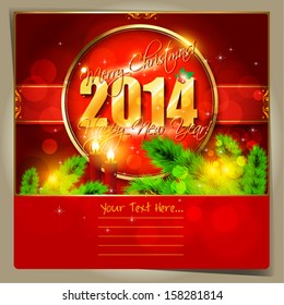 2014 Happy New Year  card or background with  snowflakes, tree, stars and candles.  Vector art.
