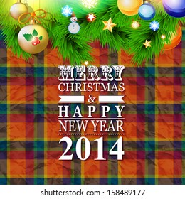 2014 Happy New Year card or background with  snowman, snowflakes, tree, balls, stars.  Vector art.
