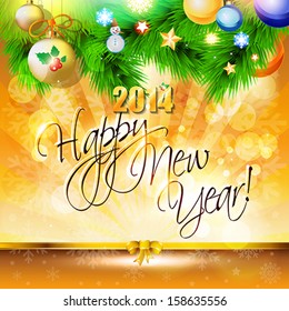 2014 Happy New Year card or background with  ribbons, bows, snowman,  snowflakes, tree, balls, stars.  Vector art.