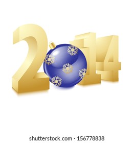 2014 happy new year golden design with blue christmas ball