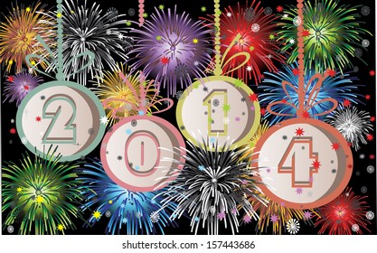 2014 Happy New Year greeting card or background. 2014 year and fireworks.