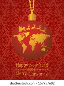 2014 Happy New Year greeting card or background. Santa Claus driving in a sledge and World Map