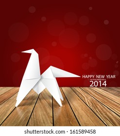 2014 Happy New Year greeting card, origami paper horse design. Vector illustration.