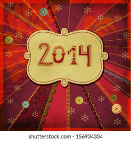 2014: Happy New Year - New Year's greeting card, with doodle numbers and label, hand drawn and sewn on a bright, textured patchwork background, with buttons, frilly borders and different stitches