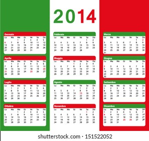 2014 italian calendar with flag colors. Public holidays. Vector illustration.