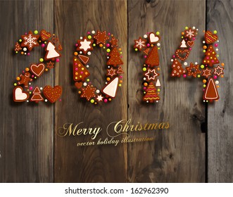 2014 Lettering. Christmas Cookies Set - Gingerbread man, Xmas Tree, Star, Heart. All for Xmas Cards Design. Wood Texture Background.