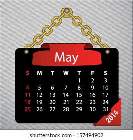 2014 May calendar on black sign, with golden chain and red labels. Simple easy to edit calendar template vector on metallic background. Sunday start calender vector. 