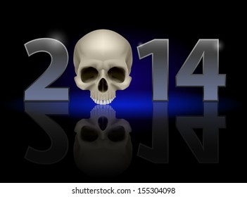 2014: metal numerals with skull instead of zero having weak reflection. Illustration on black background.