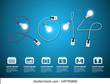 Neujahr 2014 mit kreativer Glühbirnen-Idee, Sammlung von Bindemittelsilhouetten mit verschiedenen Symbolen, Vektorillustration Illustration Moderne Design-Vorlage