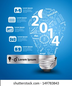 2014 new year with creative light bulb idea with drawing charts and graphs business success strategy plan concept, workflow layout, diagram binder silhouettes icons, Vector modern design template