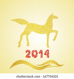 2014 new year horse silhouette merry Christmas with doodle gold texture