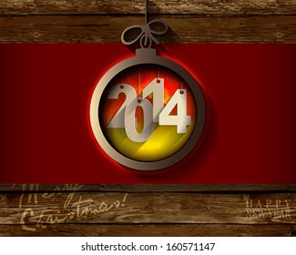 2014 New Year paper origami  card or background on  Christmas Wood Background. Hand made watercolor. Vector illustration. 