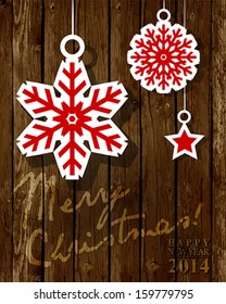 2014 New Year white paper origami  card or background, Christmas Wood Background. Vector illustration.
