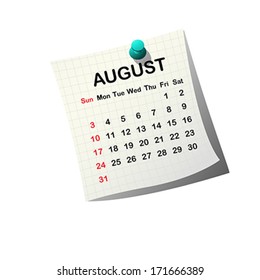 2014 paper calendar for August over white background