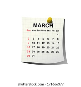 2014 paper calendar for March over white background