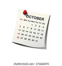 2014 paper calendar for October over white background