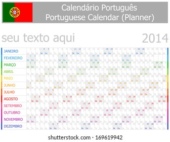 2014 Portuguese Planner-2 Calendar with Horizontal Months on white background