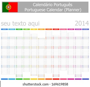 2014 Portuguese Planner-2 Calendar Vertical Months on white background