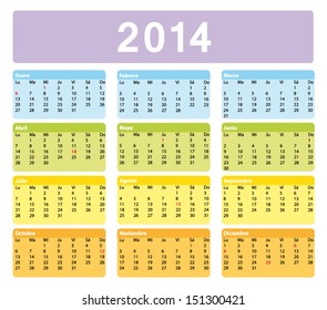 2014 seasonal spanish calendar with pastel colors. Spanish version with public holidays. Vector and easy to edit.
