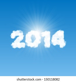 2014 shaped clouds in the blue sky with bright sun behind it