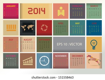 2014 simple vector calendar with colorful square box and business icon.,vector eps10