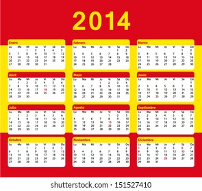 2014 spanish calendar with flag colors. Spanish version with public holidays. Vector illustration.