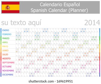 2014 Spanish Planner-2 Calendar with Horizontal Months on white background