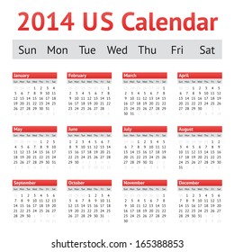 2014 US American English Calendar. Week starting on Sunday