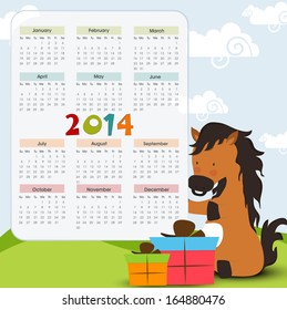 2014 year calendar with Chinese symbol, year of the horse and gift boxes. 