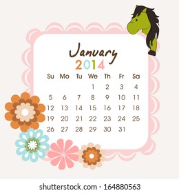 2014 year calendar with Chinese symbol, year of the horse and beautiful flowers.  