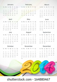 2014 year calendar with colorful text on wave background. 