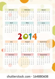 2014 year calendar with colorful text. 