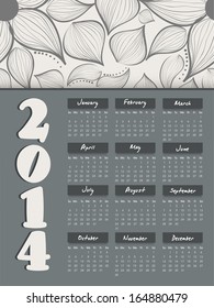 2014 year calendar, decorated with floral design on grey background. 