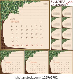 2014 year calendar, months in green tree frame