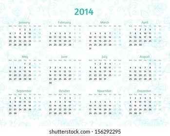 2014 Year calendar on patterned floral background. Cold green and aquamarine tints
