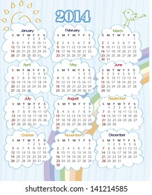 2014 year calendar with rainbow (week starts on Sunday)