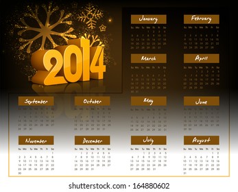 2014 year calendar with shiny text on fireworks background. 