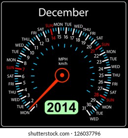 2014 year calendar speedometer car in vector. December.