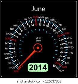 2014 year calendar speedometer car in vector. June.