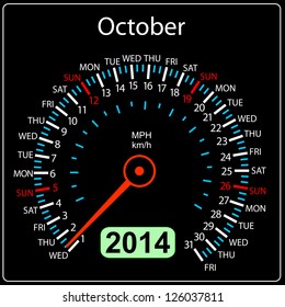 2014 year calendar speedometer car in vector. October.