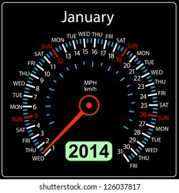 2014 year calendar speedometer car in vector. January.