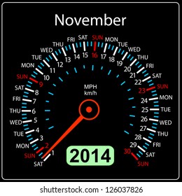 2014 year calendar speedometer car in vector. November.