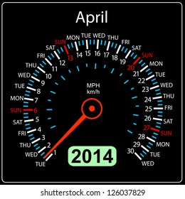 2014 year calendar speedometer car in vector. April.